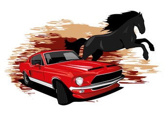 Mustang Car Horse drawing - obrazy, fototapety, plakaty
