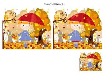 find 10 differences, with solution - autumn/ little gril