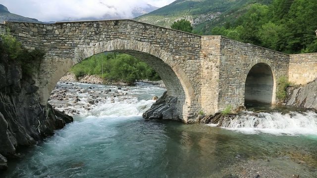Rio Ara river in the Torla in Valle de Ordesa valley Pyrenees 