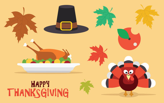Thanksgiving vector icons set. Leaves, turkey, pilgrim hat