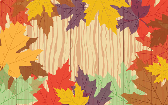 Colorful autumn leaves on wood plank, vector
