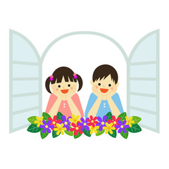 窓辺で頬杖をつく子供 / vector eps10