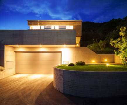 Design villa, night view, modern house and box