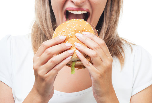 Girl Eating Burger On White Background