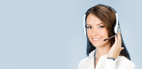 Support phone operator in headset, on blue