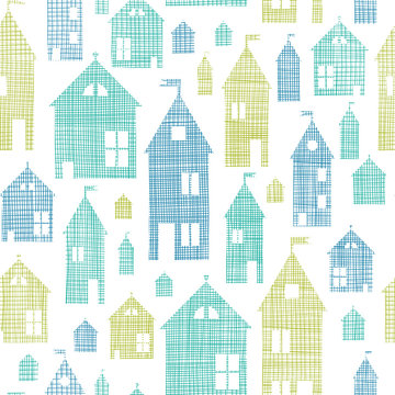 Houses blue green textile texture seamless pattern background