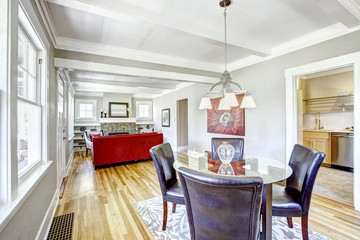 Dining set. Glass round top table with leather chairs
