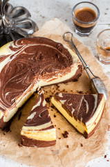 Marble chocolate coffee cheesecake, selective focus