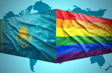 Waving Kazakh and Gay flags