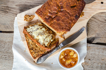 Loaf of banana bread with apple confiture