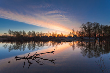Rural summer sunrise landscape with river 