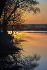 Rural summer sunrise landscape with river 