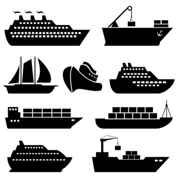 Ships, boats, cargo, logistics and shipping icons