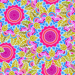 Vector seamless hand-drawn pattern with flowers and leaves