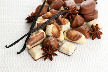 Fototapeta na wymiar Different kinds of chocolates with spices on white background