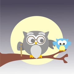 Búho abuelo enseñando a su nieto a volar. Familia. Vector