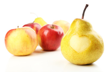 Ripe pear and apple with heart isolated on white