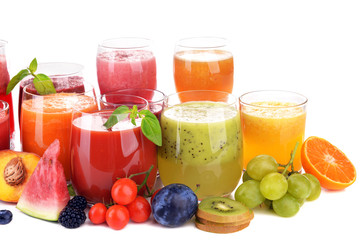 Fototapeta na wymiar Glasses of tasty fresh juice, isolated on white