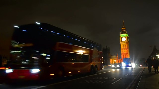 Bus on Westminster Bridge near Big Ben, London