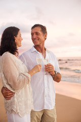 Romantic Couple Drinking Champagne on the Beach at Sunset