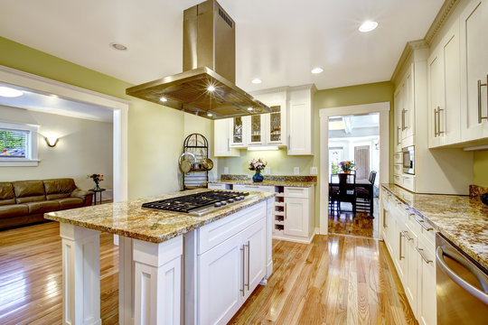 Kitchen island with built-in stove, granite top and hood