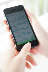 Women analyse stock market using mobile smart phone