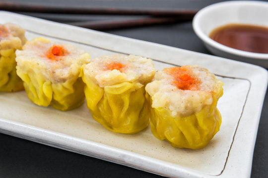 Steamed pork dumpling and soy sauce, Chinese food