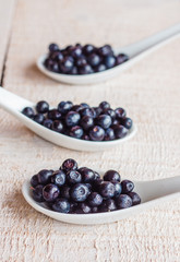 Blueberries in ceramic spoons, vertically