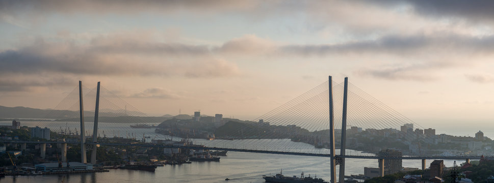 High resolution view of bridge, sunset.