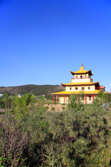 Ivolginsky Datsan on a bright summer day. Traditional Buddhist T