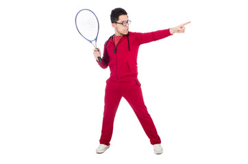 Funny tennis player isolated on white