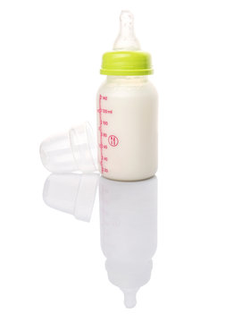 Milk in a baby bottle over white background 