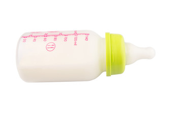 Milk in a baby bottle over white background 