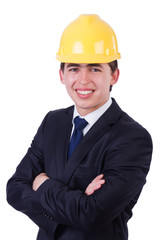 Man wearing hard hat isolated on white