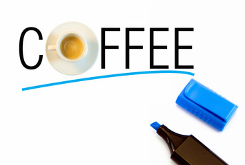 Coffee text with coffee cup underlined with blue marker