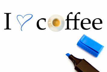I love Coffee text with coffee cup and blue heart shape
