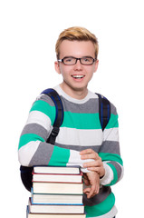 Funny student with stack of books