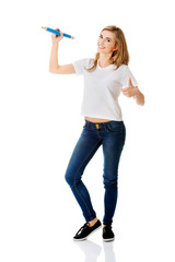 Woman writing with pencil