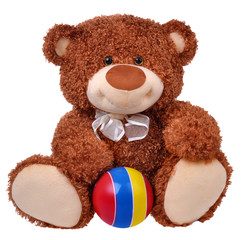 Brown teddy bear with striped ball