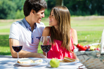 Attractive couple on romantic picnic in countryside.
