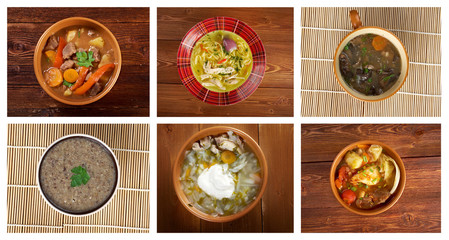 f different traditional soups. collage
