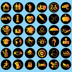 Icon on Insurance orange, yellow on black circles.