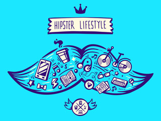 vector illustration big mustache of hipster life style with diff