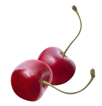 Two fresh cherries separate isolated on white background