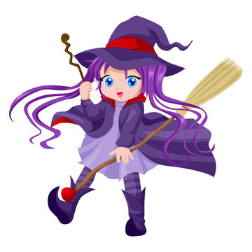 Cute cartoon of witch with her broom and magic wand
