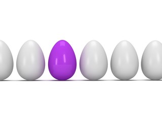 Purple egg in a row of the white eggs. 3D.