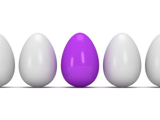 Purple egg in a row of the white eggs. 3D.