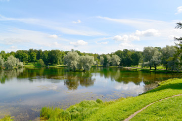 Fototapeta na wymiar View of Lake Beloye in Gatchina park