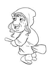 Outline illustration of a witch flying with her broom