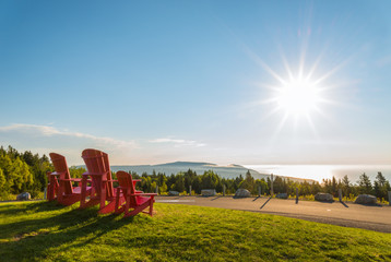 Red chairs from Butland lookoff  with a beautiful view of Fundy